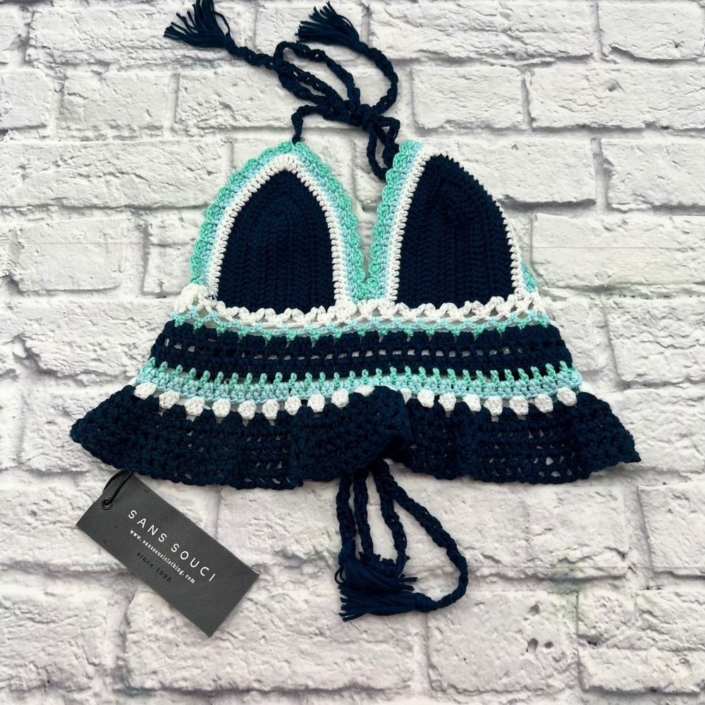 Sans Souci Womens Small Crochet Halter Top Blue White Boho Festival Beach NWT